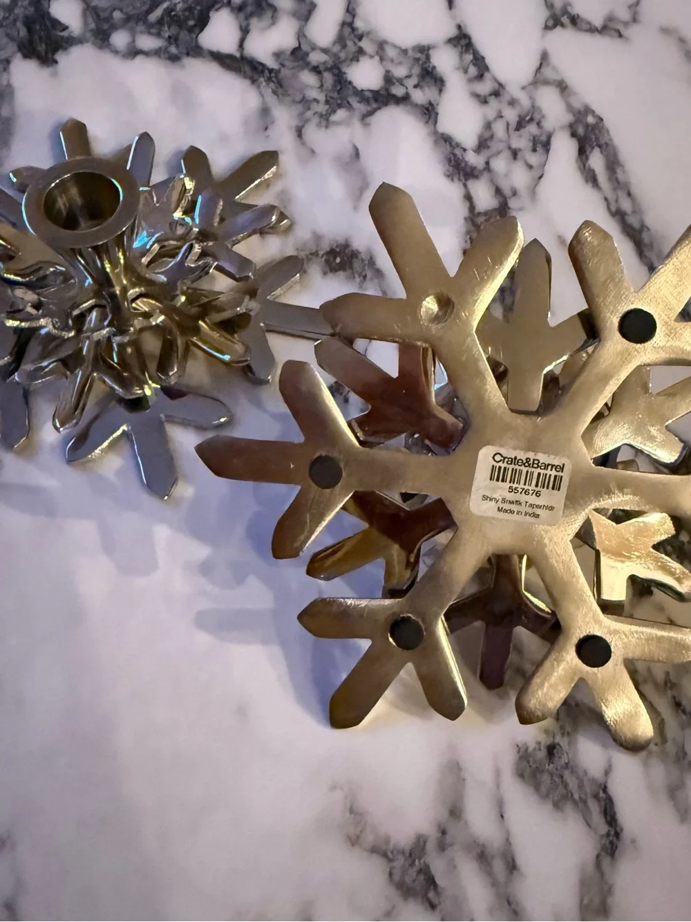 Crate & Barrel Silver Metal Snowflake Taper Candle Holders - Set of 2
